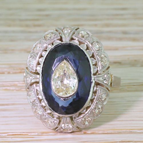 fig 1. Mid Century Old Pear Cut & Sapphire Cluster Ring
