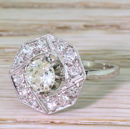 Art Deco 0.79 Carat Old Cut Diamond Hexagonal Cluster Ring, French, Circa 1930
