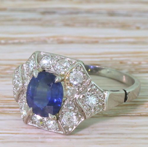 Art Deco 1.20 Carat Sapphire & Diamond Cluster Ring, French, Circa 1920
