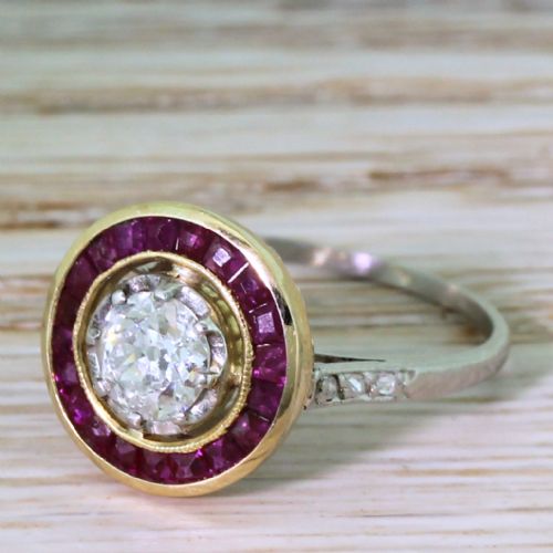 Art Deco 0.63 Carat Old Cut Diamond & Ruby Target Cluster Ring, Circa 1925
