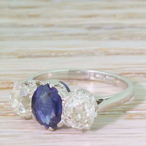 Art Deco 1.13 Carat Sapphire & 1.27 Carat Old Cut Diamond Trilogy Ring, Circa 1930
