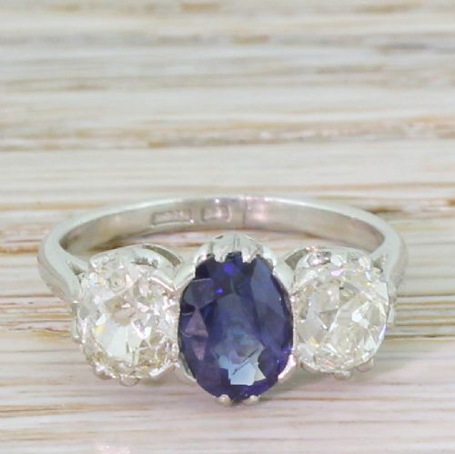 fig 1. Art Deco 1.13 Carat Sapphire & 1.27 Carat Old Cut Diamond Trilogy Ring, circa 1930
