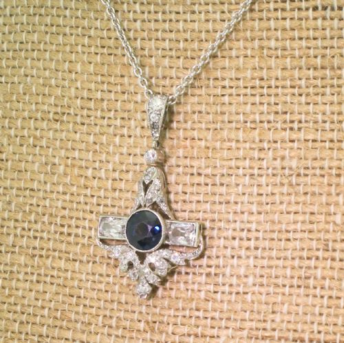 Art Deco Sapphire & Old Cut Diamond Platinum Pendant, Circa 1920
