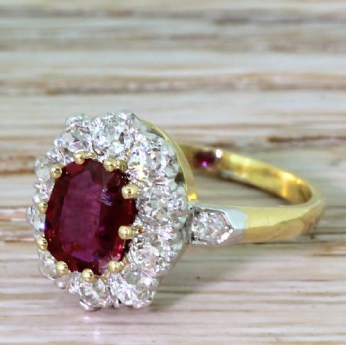 Art Deco 1.04 Carat Natural Ruby & Old Cut Diamond Cluster Ring, Circa 1935
