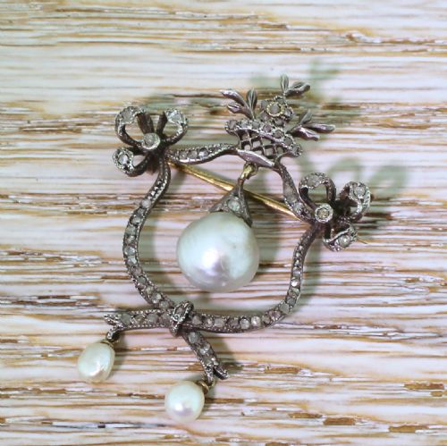 Victorian Natural Pearl & Rose Cut Diamond Brooch, Circa 1860
