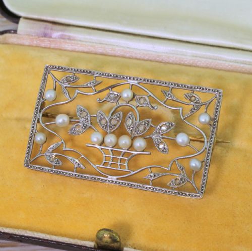 Edwardian Seed Pearl & Rose Cut Diamond Panel Brooch, Boxed, Circa 1910
