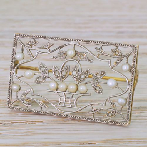 fig 1. Edwardian Seed Pearl & Rose Cut Diamond Panel Brooch, Boxed, circa 1910