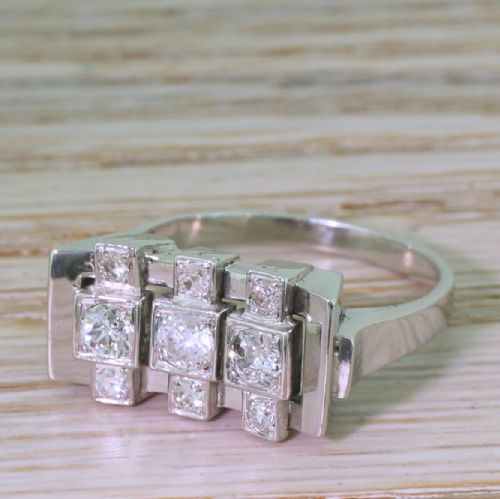 Retro 0.69 Carat Old European Cut Diamond Nine Stone Ring, French, Circa 1955
