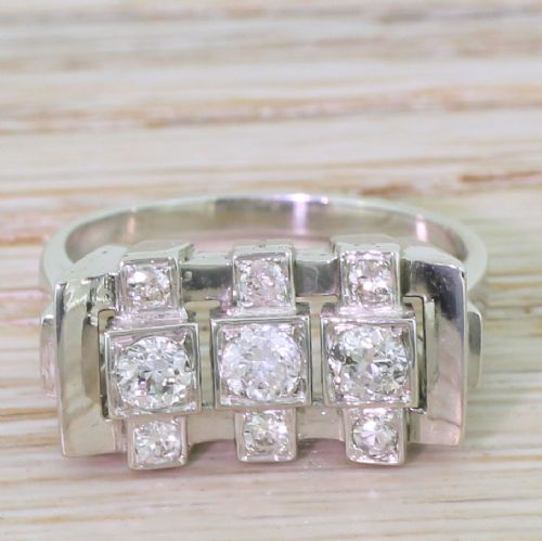fig 1. Retro 0.69 Carat Old European Cut Diamond Nine Stone Ring, French, circa 1955