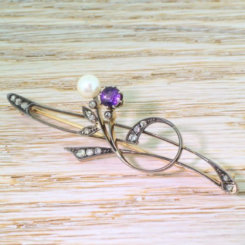 Art Nouveau Pearl, Amethyst & Rose Cut Diamond Pin Brooch, Circa 1905
