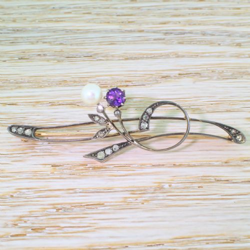 fig 1. Art Nouveau Pearl, Amethyst & Rose Cut Diamond Pin Brooch, circa 1905