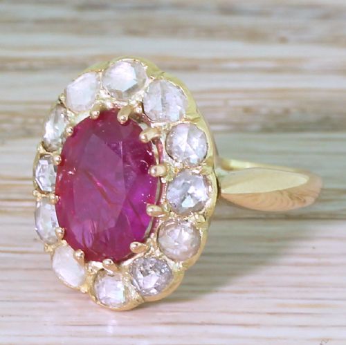 Victorian 3.10 Carat Natural Ruby & Rose Cut Diamond Ring, Circa 1870