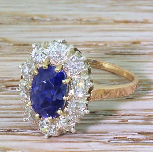 Art Deco 4.00 Carat Natural Ceylon Sapphire & Old Cut Diamond Ring, French, Circa 1930
