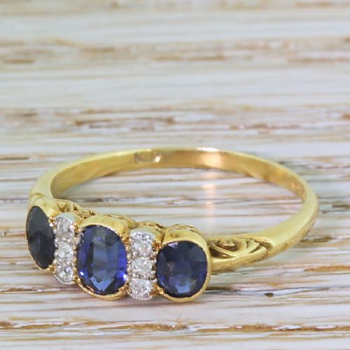 Edwardian 1.17 Carat Sapphire & Old Cut Diamond Trilogy Ring, Circa 1905
