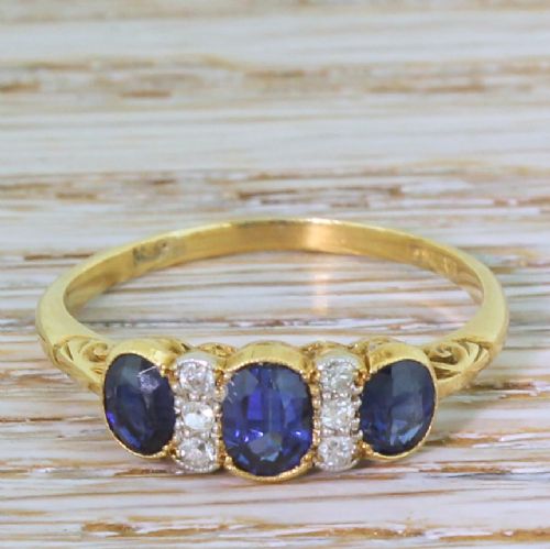 fig 1. Edwardian 1.17 Carat Sapphire & Old Cut Diamond Trilogy Ring, circa 1905