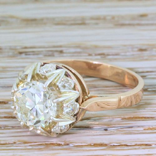 Retro 2.26 Carat Old European Cut Diamond Cluster Ring, Circa 1955
