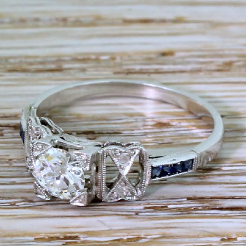 Art Deco 0.56 Carat Old Cut Diamond & Sapphire Engagement Ring, Circa 1915
