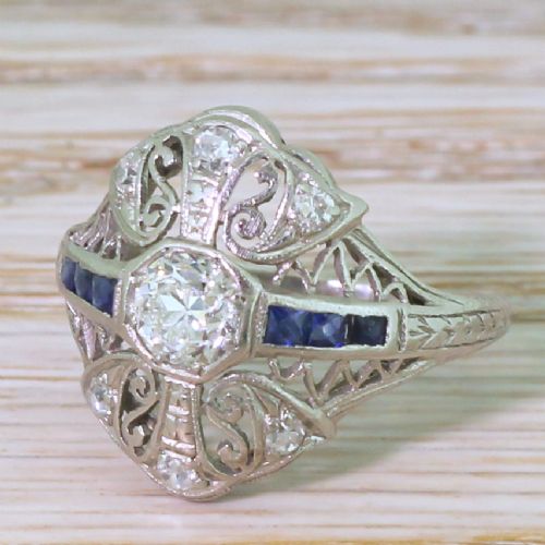 Art Deco 0.65 Carat Old Cut Diamond & Sapphire Ring, Circa 1915
