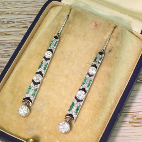 Art Deco Old Cut Diamond, Emerald & Onyx Drop Earrings, Circa 1920
