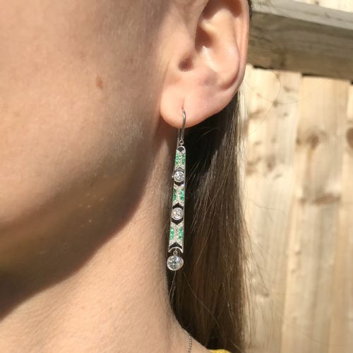 fig 1. Art Deco Old Cut Diamond, Emerald & Onyx Drop Earrings, circa 1920
