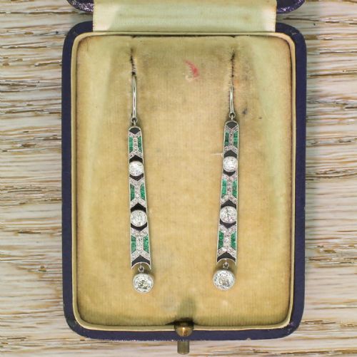 fig 2. Art Deco Old Cut Diamond, Emerald & Onyx Drop Earrings, circa 1920
