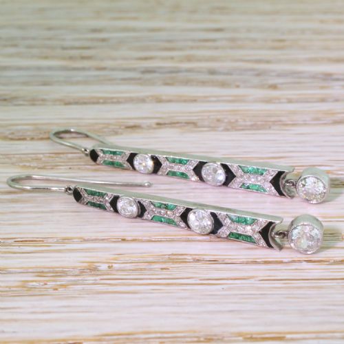 fig 3. Art Deco Old Cut Diamond, Emerald & Onyx Drop Earrings, circa 1920
