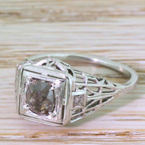 Mid Century 0.75 Carat Fancy Dark Pinkish Brown Old Cut Diamond Ring, Circa 1960
