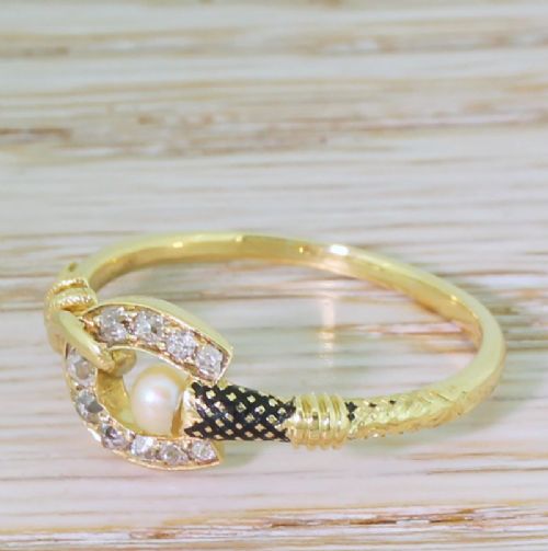 Victorian Old Cut Diamond & Pearl Equine Ring, Circa 1900
