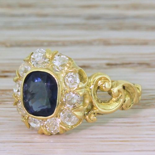 Victorian 1.20 Carat Sapphire & 0.65 Carat Old Cut Diamond Ring, Circa 1860

