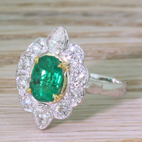Mid Century 1.07 Carat Emerald & Diamond Cluster Ring, French
