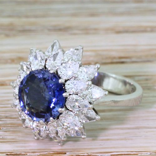 Mid Century 2.33 Carat Sapphire & 3.70 Carat Pear Cut Cluster Ring, Circa 1960
