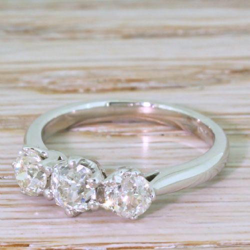 1.44 Carat Old Cut Diamond Trilogy Ring, 18k White Gold
