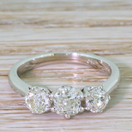 fig 1. 1.44 Carat Old Cut Diamond Trilogy Ring, 18k White Gold
