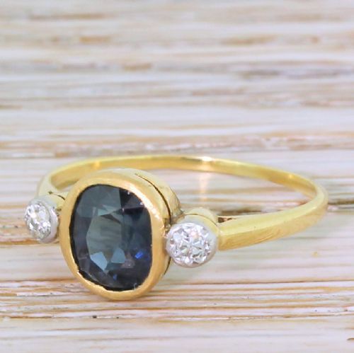 Art Deco 1.50 Carat Sapphire & Old Cut Diamond Trilogy Ring, Circa 1935
