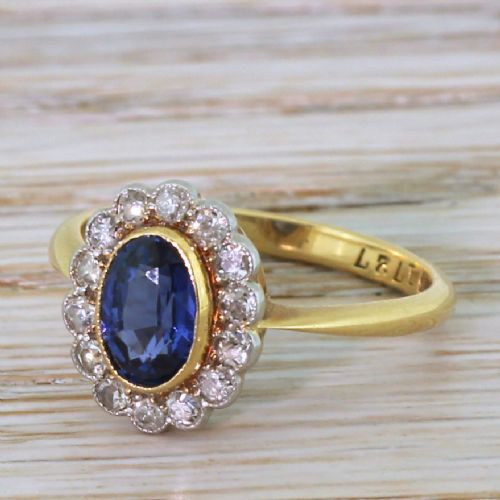 Mid Century 0.95 Carat Sapphire & Old Cut Diamond Ring, Circa 1950
