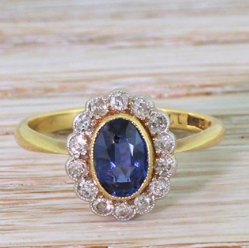 fig 1. Mid Century 0.95 Carat Sapphire & Old Cut Diamond Ring, circa 1950