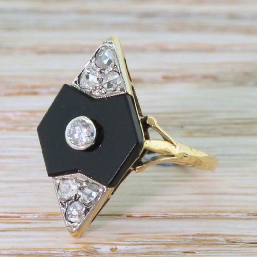 Art Deco 0.42 Carat Diamond & Onyx Marquise Ring, Circa 1940
