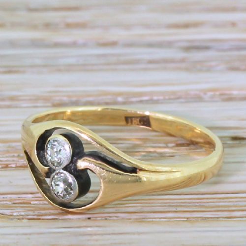 Art Nouveau 0.20 Carat Old Cut Diamond Two Stone Twist Ring, Circa 1905
