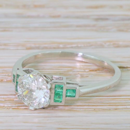 0.80 Carat Old European Cut Diamond & Emerald Ring, Platinum
