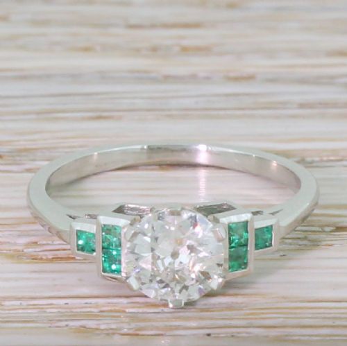 fig 1. 0.80 Carat Old European Cut Diamond & Emerald Ring, Platinum