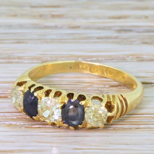 Victorian Fancy Yellow Old Cut Diamond & Sapphire Five Stone Ring, Dated 1893
