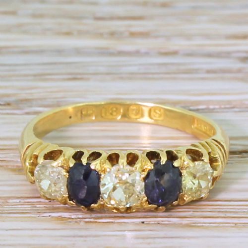 fig 1. Victorian Fancy Yellow Old Cut Diamond & Sapphire Five Stone Ring, dated 1893