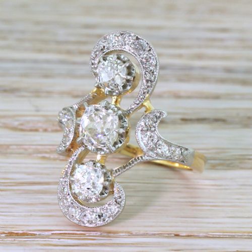 Art Nouveau 1.92 Carat Old Cut Diamond Three Stone Ring, French, Circa 1915
