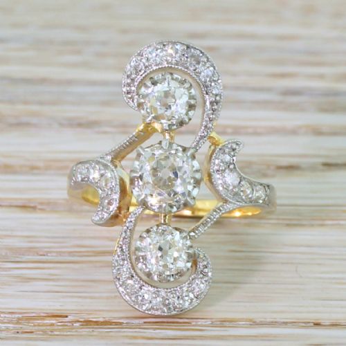 fig 1. Art Nouveau 1.92 Carat Old Cut Diamond Three Stone Ring, French, circa 1915
