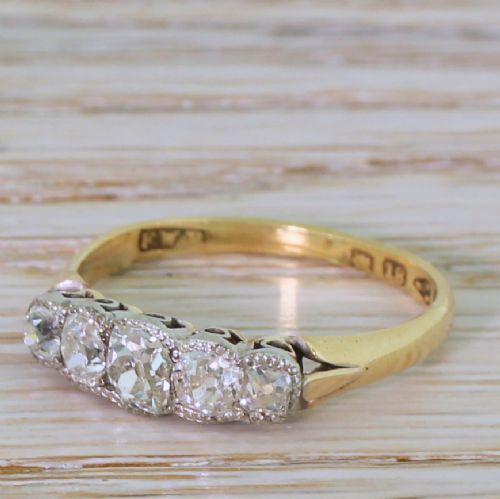 Victorian 1.07 Carat Old Cut Diamond Five Stone Ring, Dated 1881