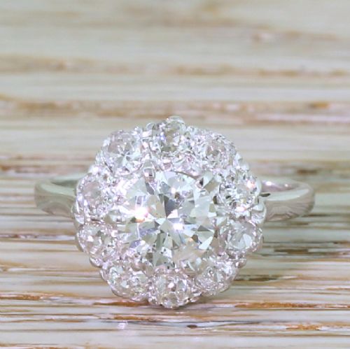 fig 1. Mid Century 1.88 Carat Transitional Cut Diamond Coronet Cluster Ring, circa 1955