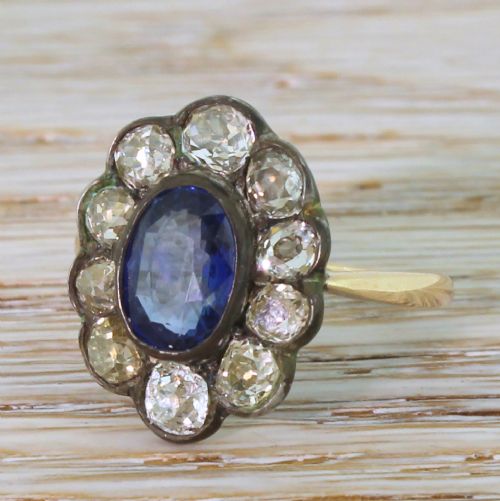 Victorian 2.25 Carat Sapphire & 2.26 Carat Old Cut Diamond Ring, Circa 1860
