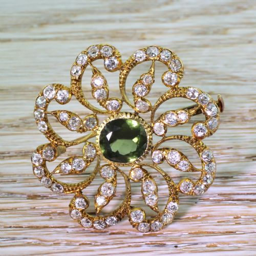 Victorian 3.00 Carat Green Sapphire & 3.50 Carat Old Cut Diamond Brooch, Circa 1900
