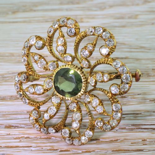 fig 1. Victorian 3.00 Carat Green Sapphire & 3.50 Carat Old Cut Diamond Brooch, circa 1900