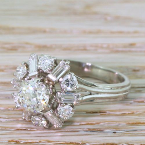 Mid Century 2.24 Old Cut Diamond Cluster Ring, Circa 1965
